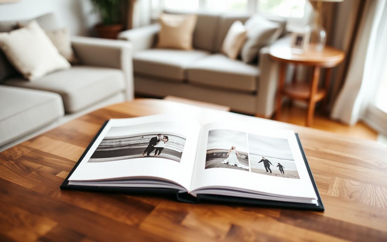 A printed wedding album opened on a wooden table